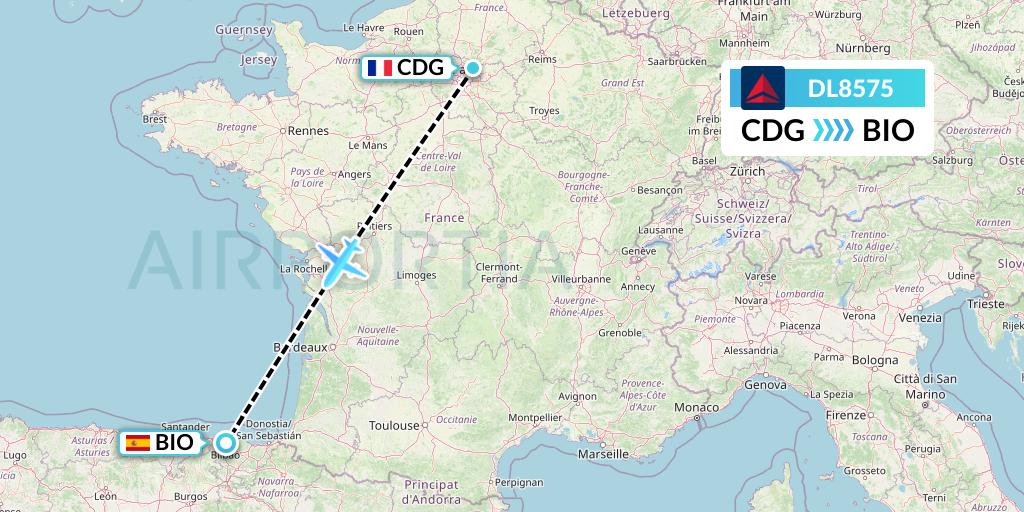 DL8575 Delta Air Lines Flight Map: Paris to Bilbao