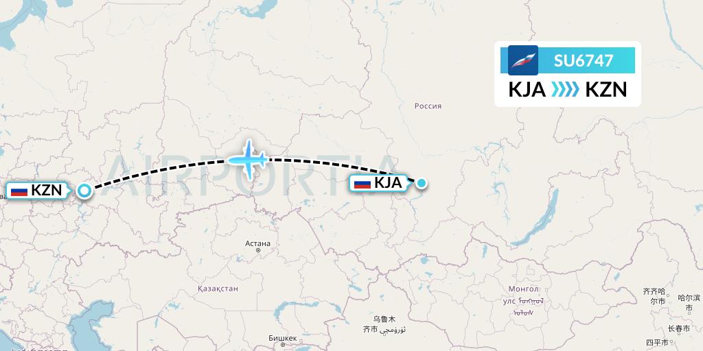 SU6747 Aeroflot Flight Map: Krasnoyarsk to Kazan