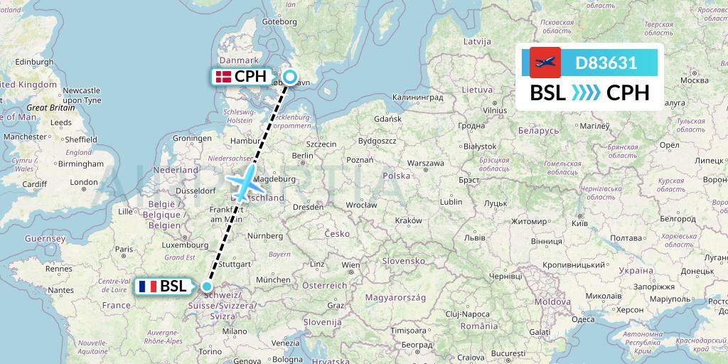 D83631 Norwegian Air International Flight Map: Basel to Copenhagen