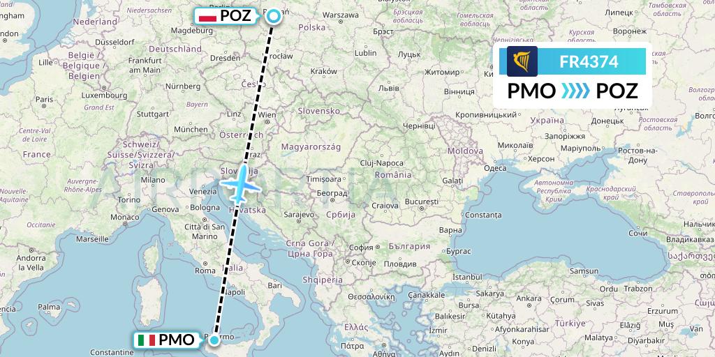 FR4374 Ryanair Flight Map: Palermo to Poznan