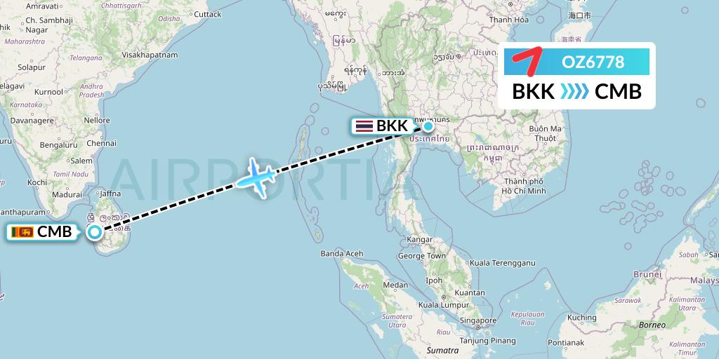 OZ6778 Asiana Airlines Flight Map: Bangkok to Colombo