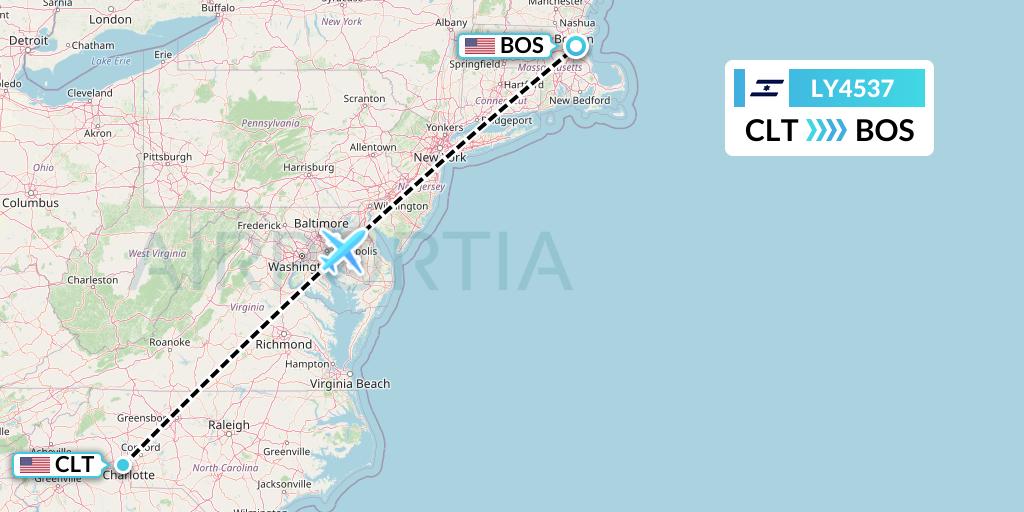 LY4537 El Al Flight Map: Charlotte to Boston
