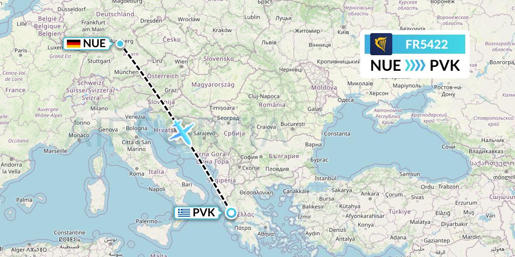 FR5422 Ryanair Flight Map: Nurnberg to Preveza