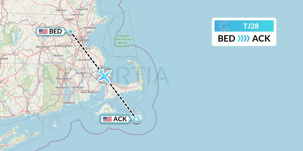 TJ28 Tradewind Aviation Flight Map: Bedford to Nantucket