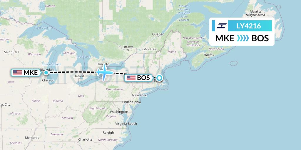 LY4216 El Al Flight Map: Milwaukee to Boston