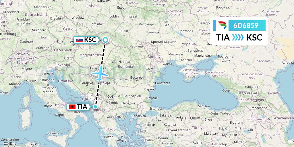 6D6859 Travel Service Slovakia Flight Map: Tirana to Kosice