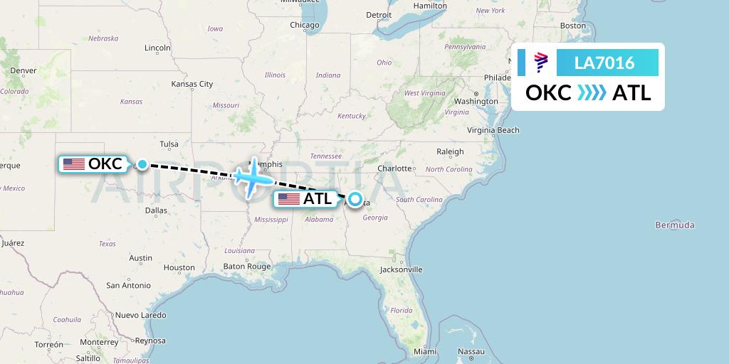 LA7016 LAN Airlines Flight Map: Oklahoma City to Atlanta