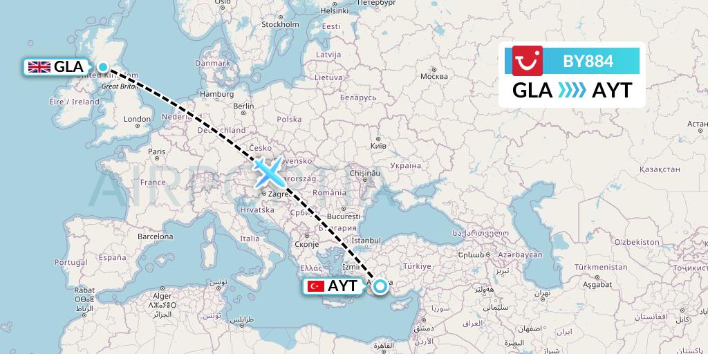 BY884 TUI Airways Flight Map: Glasgow to Antalya