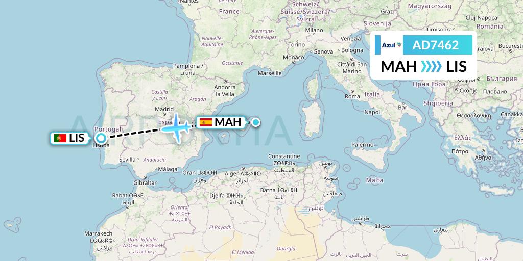 AD7462 Azul Brazilian Airlines Flight Map: Mahon to Lisbon