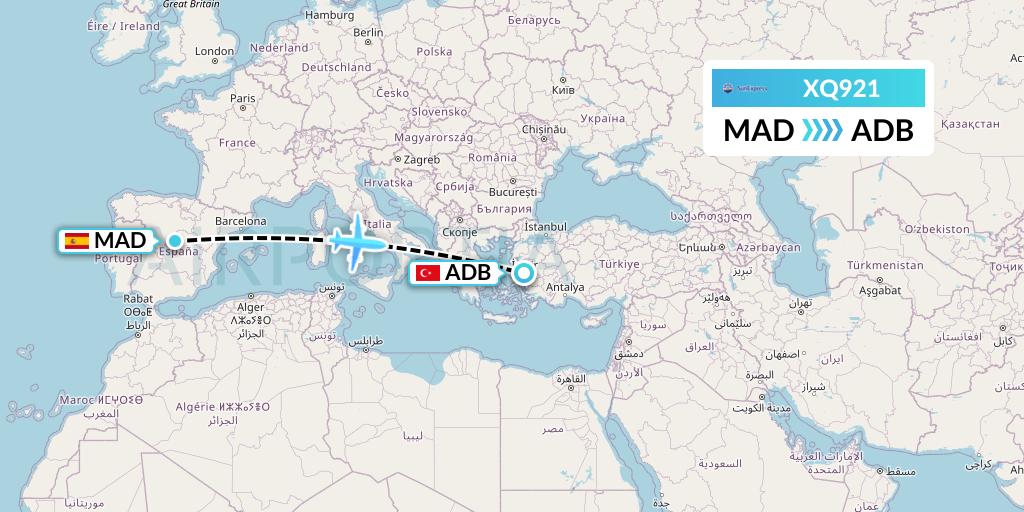 XQ921 SunExpress Flight Map: Madrid to Izmir