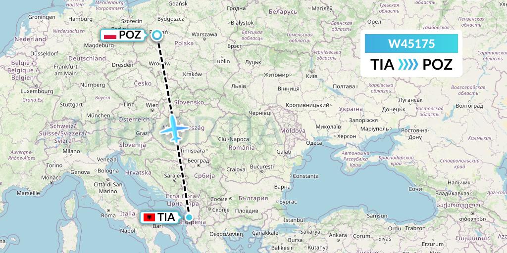W45175 Wizz Air Malta Flight Map: Tirana to Poznan