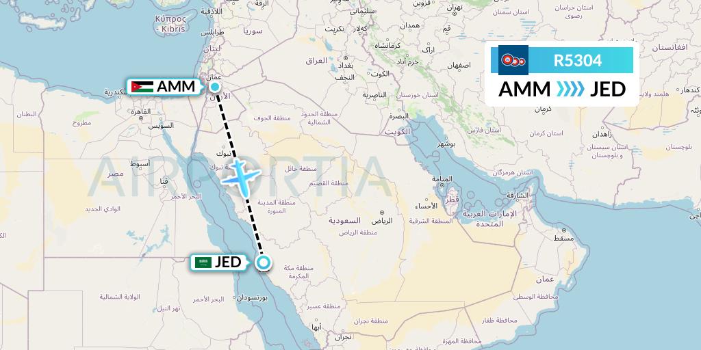 R5304 Jordan Aviation Flight Map: Amman to Jeddah