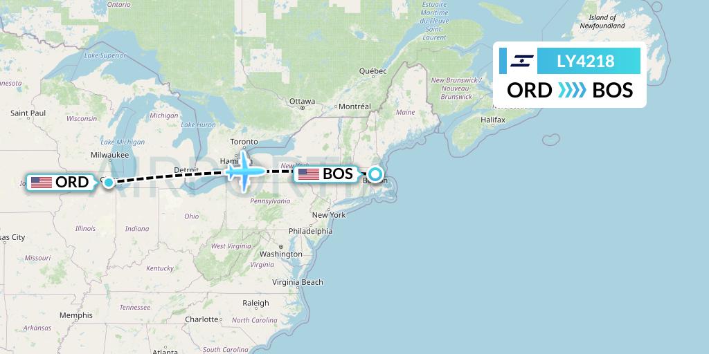 LY4218 El Al Flight Map: Chicago to Boston