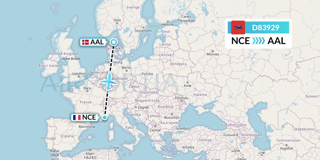 D83929 Norwegian Air International Flight Map: Nice to Aalborg