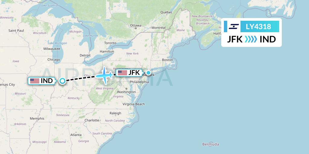LY4318 El Al Flight Map: New York to Indianapolis