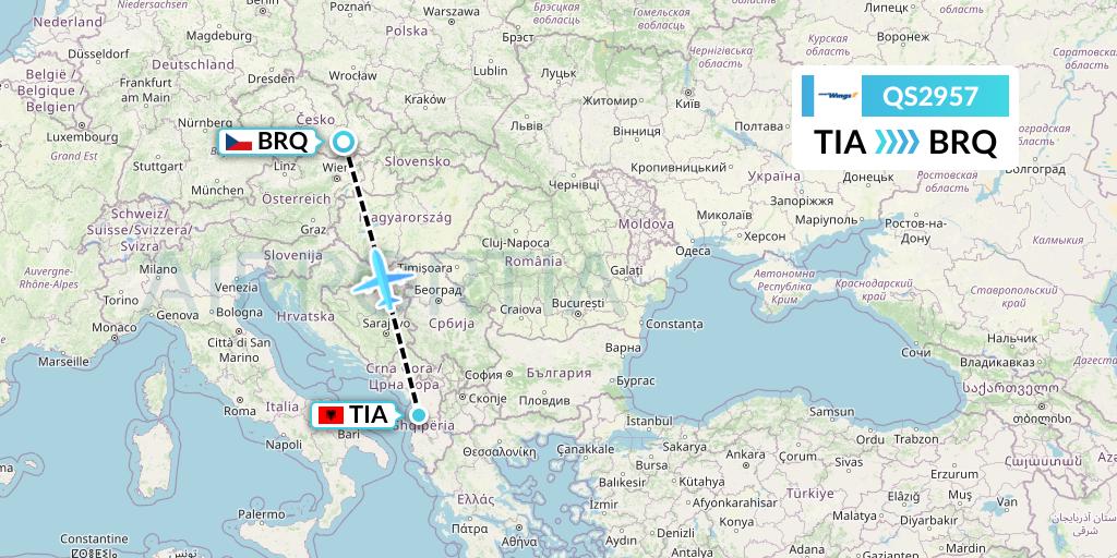 QS2957 Smartwings Flight Map: Tirana to Brno