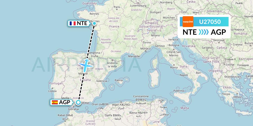 U27050 EasyJet Flight Map: Nantes to Malaga