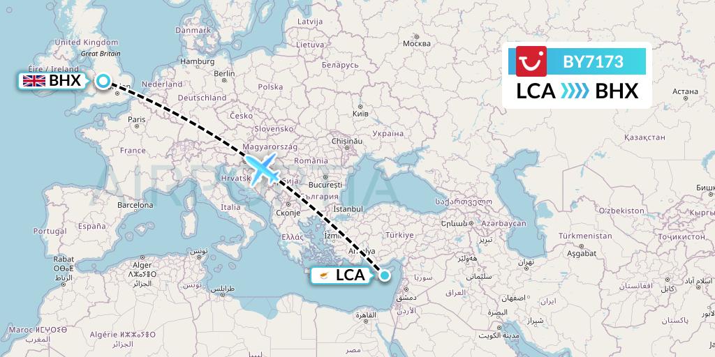 BY7173 TUI Airways Flight Map: Larnaca to Birmingham