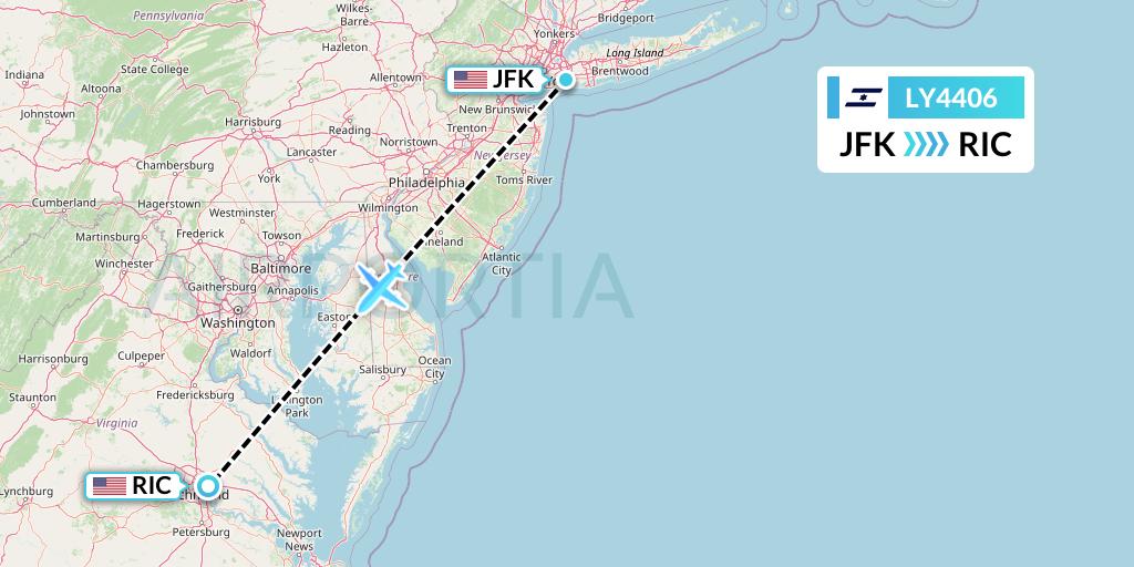 LY4406 El Al Flight Map: New York to Richmond