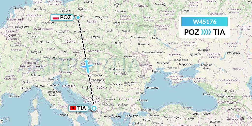 W45176 Wizz Air Malta Flight Map: Poznan to Tirana
