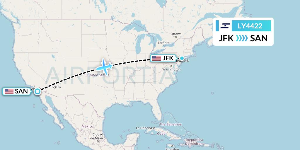 LY4422 El Al Flight Map: New York to San Diego