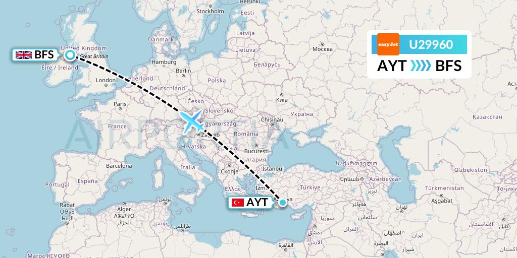 U29960 EasyJet Flight Map: Antalya to Belfast