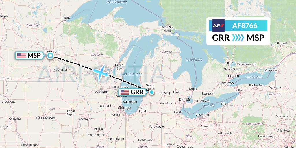 AF8766 Air France Flight Map: Grand Rapids to Minneapolis