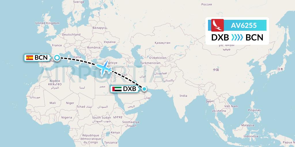 AV6255 Avianca Flight Map: Dubai to Barcelona