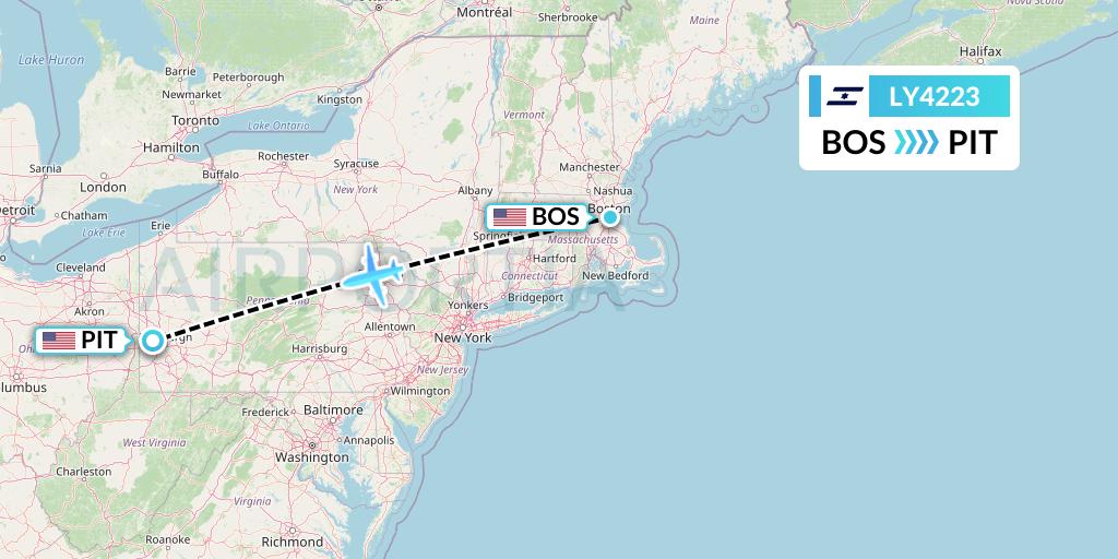 LY4223 El Al Flight Map: Boston to Pittsburgh