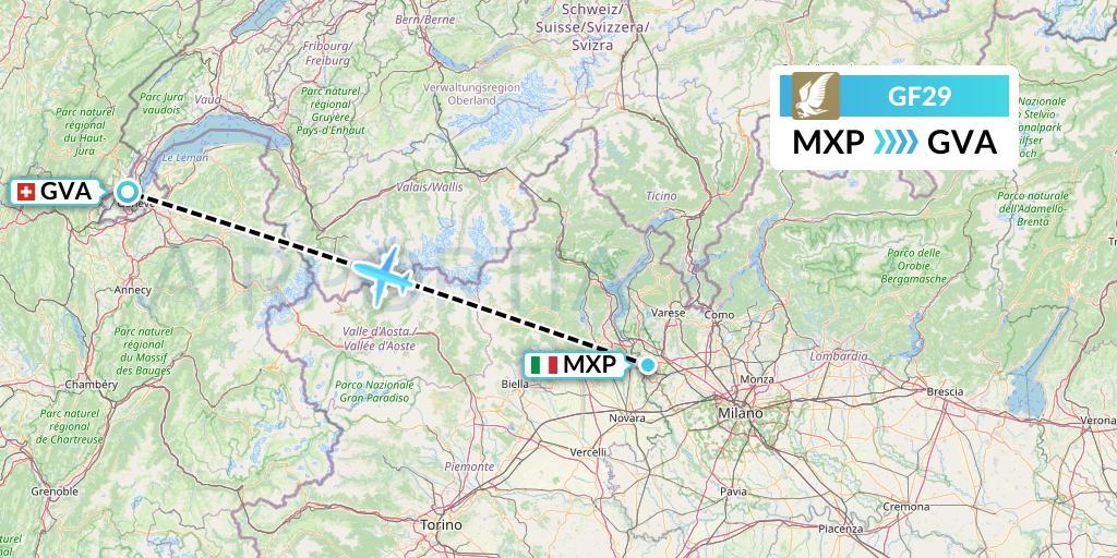 GF29 Gulf Air Flight Map: Milan to Geneva