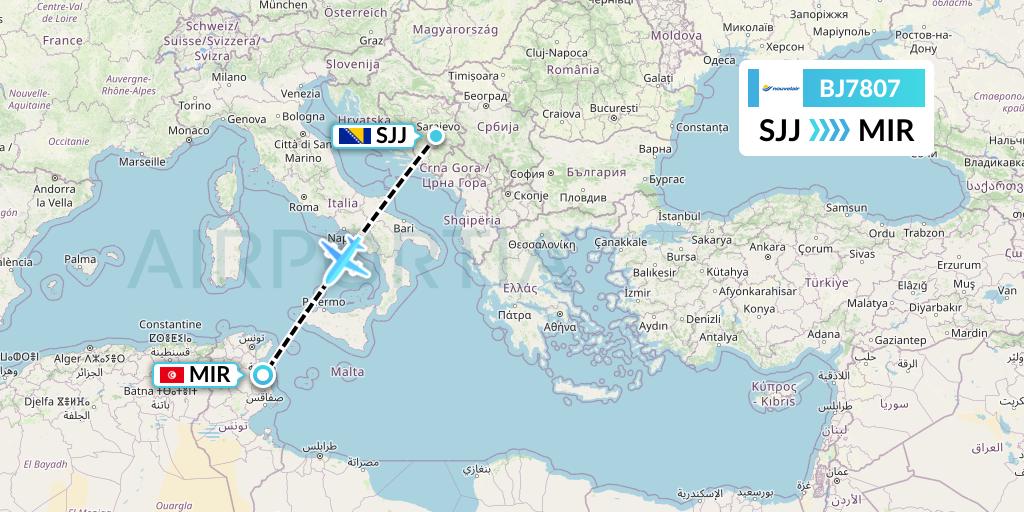 BJ7807 Nouvelair Tunisie Flight Map: Sarajevo to Monastir