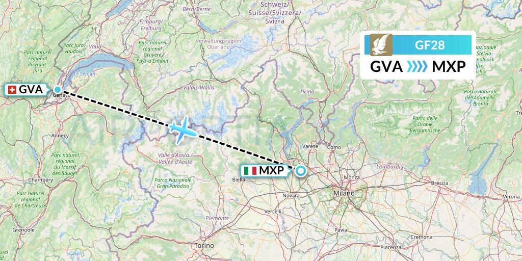 GF28 Gulf Air Flight Map: Geneva to Milan