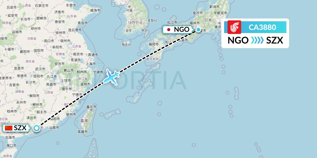 CA3880 Air China Flight Map: Nagoya to Shenzhen