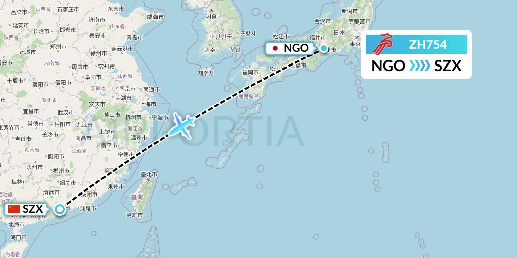 ZH754 Shenzhen Airlines Flight Map: Nagoya to Shenzhen