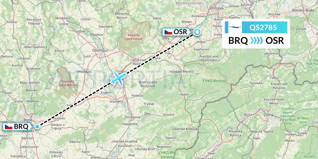 QS2785 Smartwings Flight Map: Brno to Ostrava