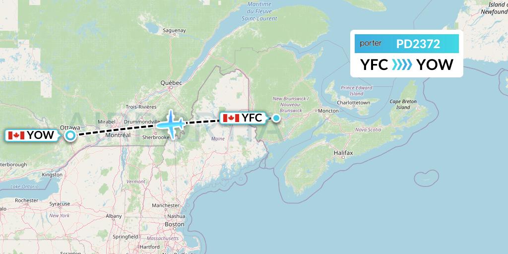PD2372 Porter Airlines Flight Map: Fredericton to Ottawa