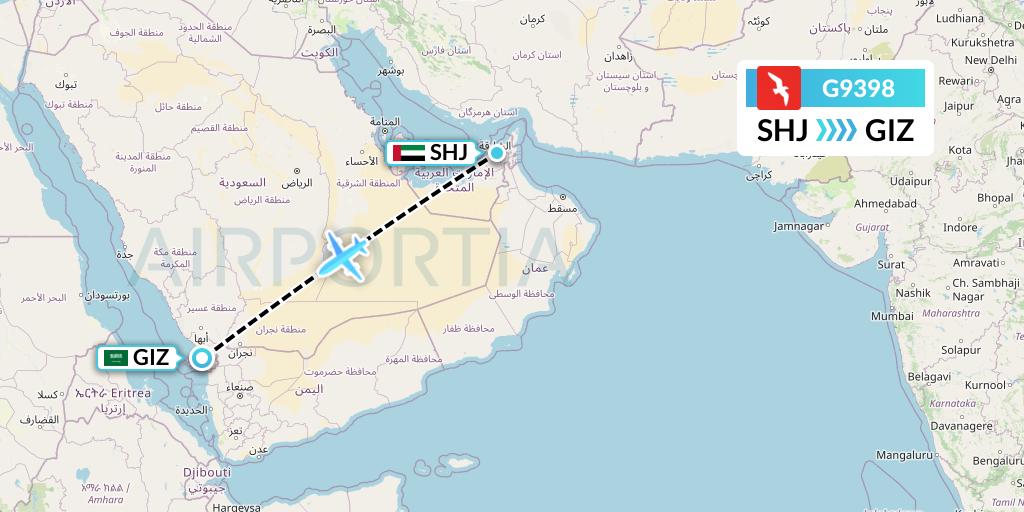 G9398 Air Arabia Flight Map: Sharjah to Jizan