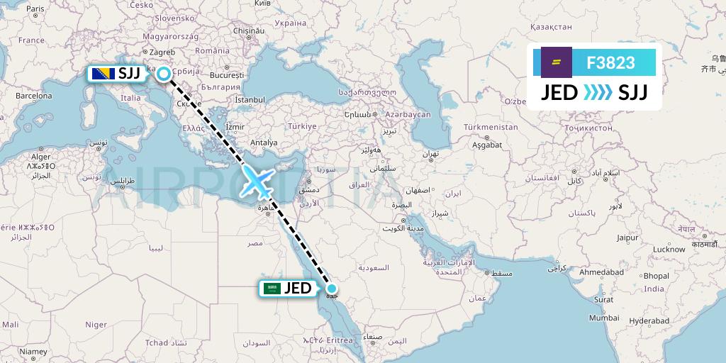 F3823 flydeal Flight Map: Jeddah to Sarajevo