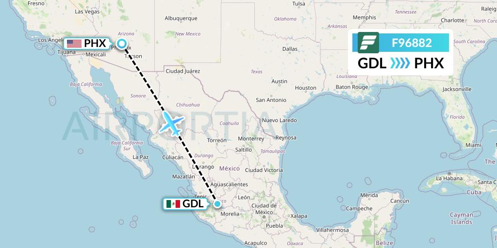 F96882 Frontier Airlines Flight Map: Guadalajara to Phoenix