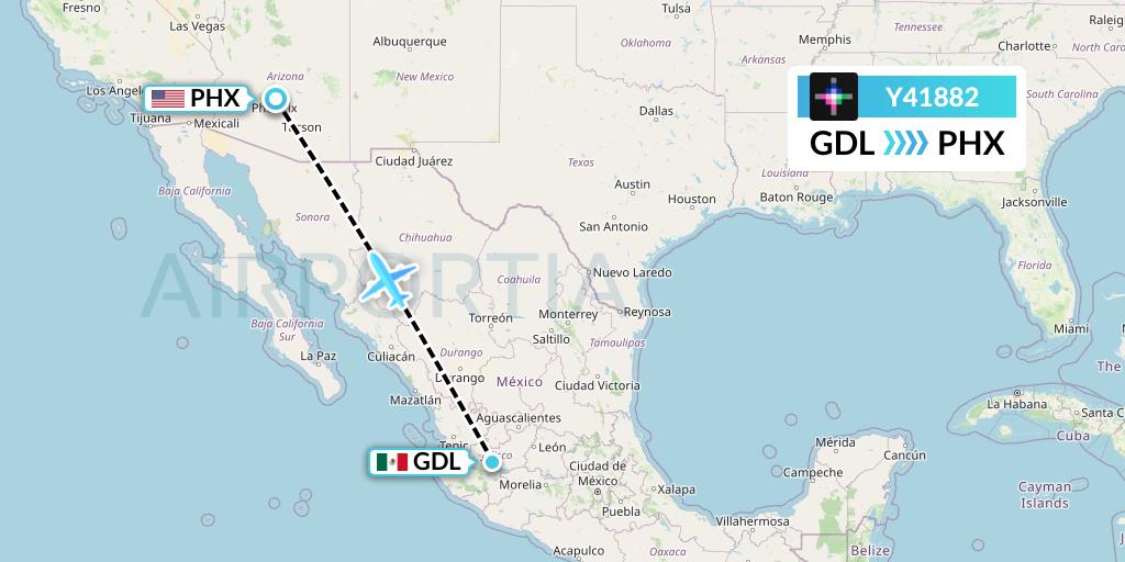 Y41882 Volaris Flight Map: Guadalajara to Phoenix