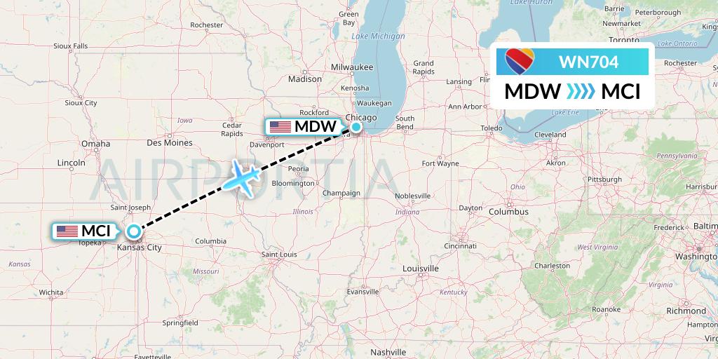 WN704 Southwest Airlines Flight Map: Chicago to Kansas City