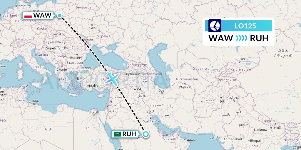 LO125 LOT Flight Map: Warsaw to Riyadh