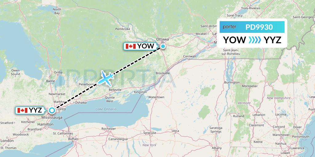 PD9930 Porter Airlines Flight Map: Ottawa to Toronto