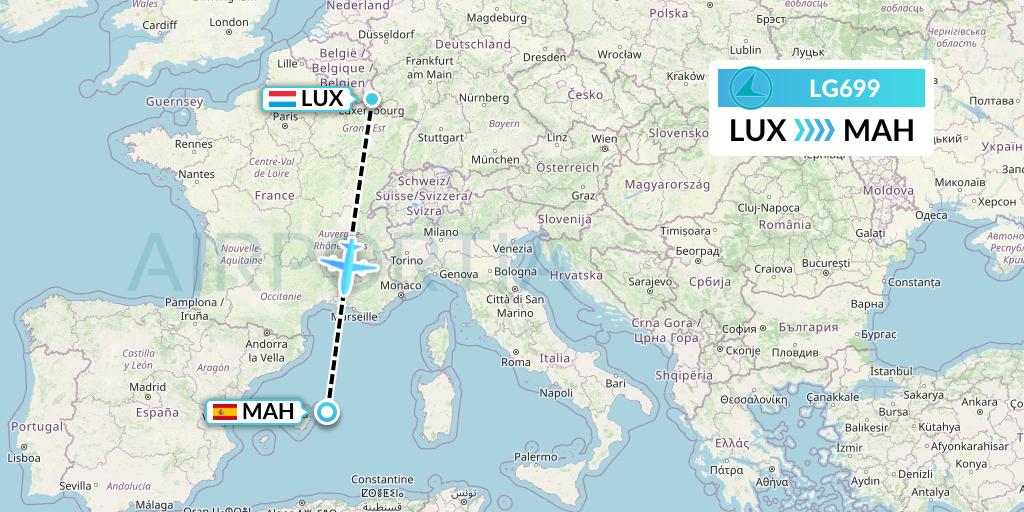 LG699 Luxair Flight Map: Luxembourg to Mahon