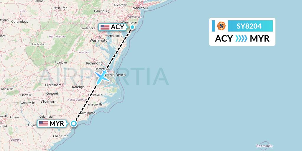 SY8204 Sun Country Airlines Flight Map: Atlantic City to Myrtle Beach