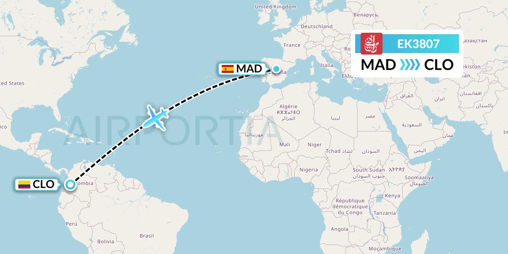 EK3807 Emirates Flight Map: Madrid to Cali