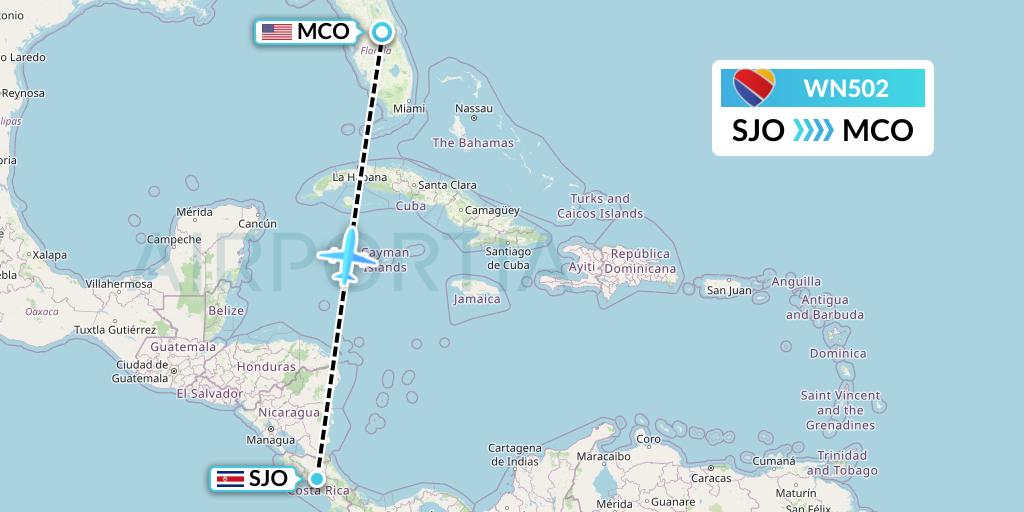 WN502 Southwest Airlines Flight Map: San Jose to Orlando