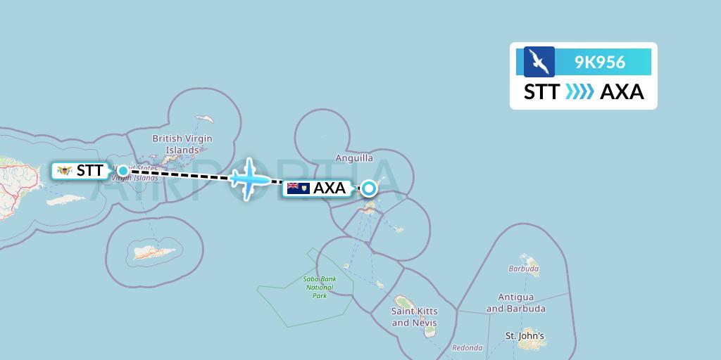 9K956 Cape Air Flight Map: St. Thomas to The Valley