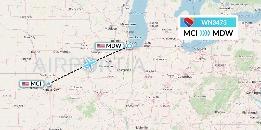 WN3473 Southwest Airlines Flight Map: Kansas City to Chicago