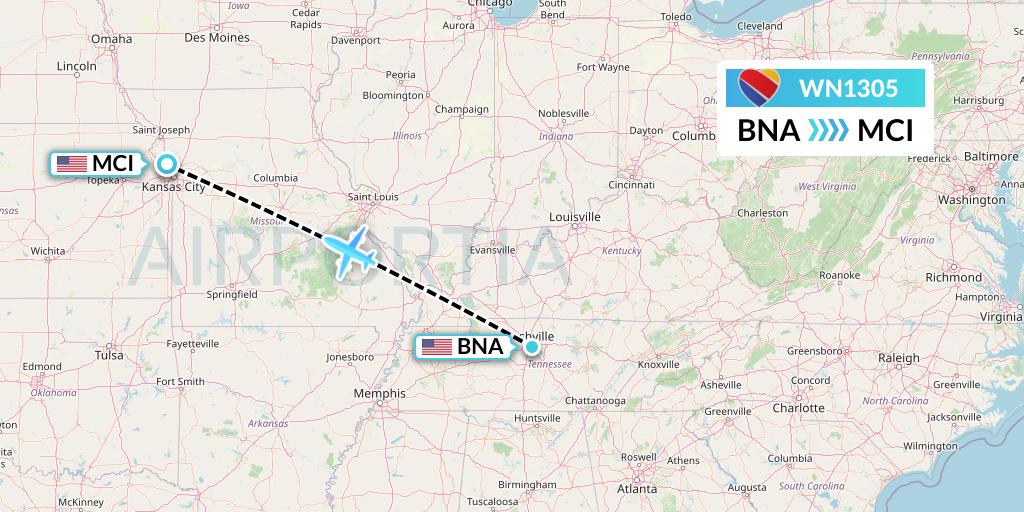 WN1305 Southwest Airlines Flight Map: Nashville to Kansas City